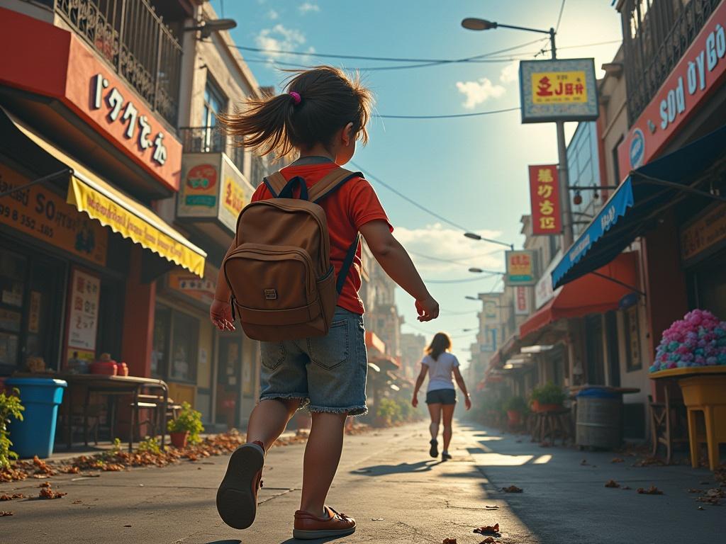 Child walking down a vibrant street. Business signs in different languages. Warm morning light. Another child ahead. Colorful storefronts. Urban atmosphere.