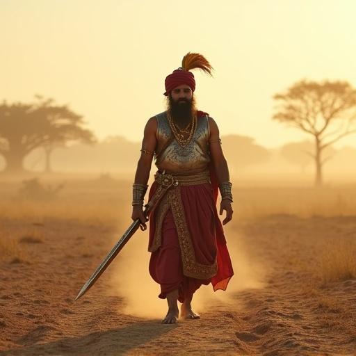 Ultra hyper-realistic image shows Maharaja walking in battlefield. Vast landscape with dry soil and scattered trees. Captured from distance, cinematic style. Maharaja in center, wearing detailed armor and turban, holding sword, calm expression. Atmosphere warm, hazy, golden light. Dust trails behind him. Majestic visual tone.