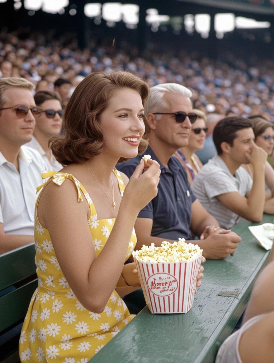 Woman in yellow sundress sitting at baseball game. Enjoying popcorn with others in background. Bright and lively atmosphere.