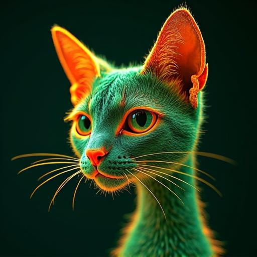 Wire frame style of a cat face. Cat features vibrant green and orange colors. Studio shot highlighting the subject.