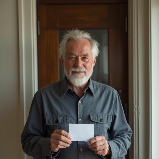 Middle-aged man holding an ID card indoors. The background is a house setting with soft lighting. The man appears friendly and approachable. The scene conveys a sense of personal identity and security.