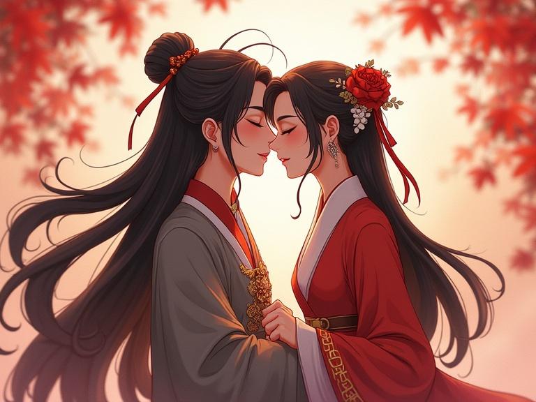 Illustration of two characters kissing. They wear traditional Chinese clothing. The background features autumn leaves. A soft warm light creates an intimate ambiance.