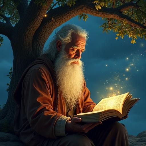 An ancient wise man with wrinkles sits under a millennium tree with silver glowing leaves. He holds an open ancient book from which constellations and nebulas rise to the sky. A gentle light comes from the book illuminating a face of peace and deep understanding. The scene is serene, nocturnal, and magical symbolizing timeless wisdom.