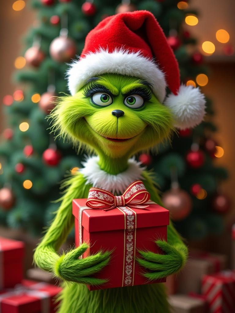 Grinch in a Christmas setting. Holds a red present with Anna & Thomas on it. Dressed in a Santa hat. Lush Christmas tree behind him. Bright and colorful atmosphere.