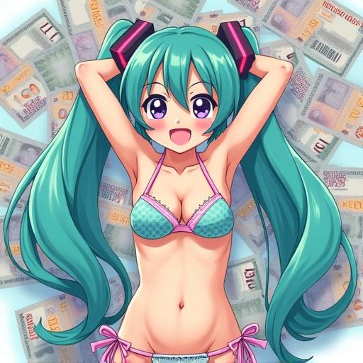 Anime character with aqua hair in a bikini smiling and surrounded by many 10000 Yen bills.