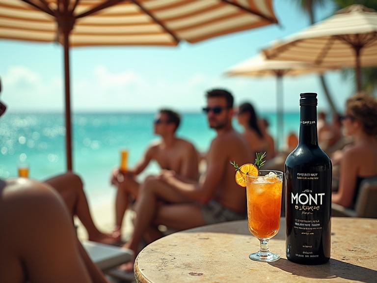 Group of young fashionable people seated at chic beachside bar under striped umbrellas. Black bottle of vodka ''Mont Black Aromatic'' served with herb sprigs charred citrus and artisanal ice cubes in white spirit. Turquoise sea behind them glistens. Vodka glasses drinks and bottle branding sharp modern and minimalist. Intricate 35mm film digital photography.
