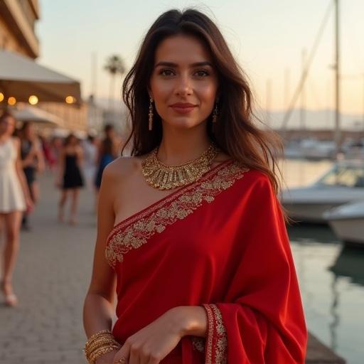 Girl in a red saree stands beside a marina at sunset. Saree made of silk with golden embellishments. Accessories include a gold necklace and bangles. Red high-heeled sandals complete the look. Scene is vibrant, energetic, and sophisticated. Marina backdrop enhances elegance of the evening.