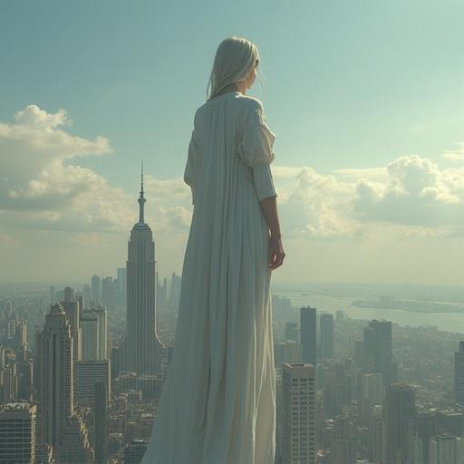 Colossal giantess stands over a cityscape. Woman is 100 meters tall, wearing a flowing gown. Urban environment with skyscrapers in the background. Natural lighting enhances the scene.