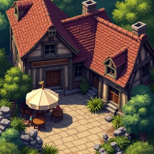 Game asset featuring a pixel art 2D design of a 1600s European Medieval style tavern exterior with outdoor seating and lush surroundings.