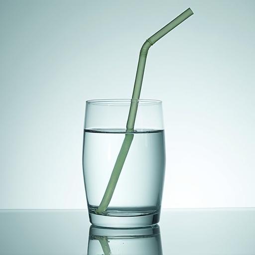 A photo captures a green straw placed in a clear glass filled with water. The straw is partially immersed creating an elegant visual. The glass sits on a reflective surface with soft lighting enhancing the clarity of the water.