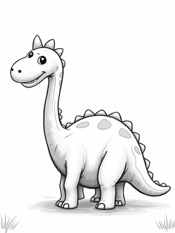 Black and white illustration of a Brachiosaurus for kids to color. Friendly expression with simple lines. Suitable for children's activities.