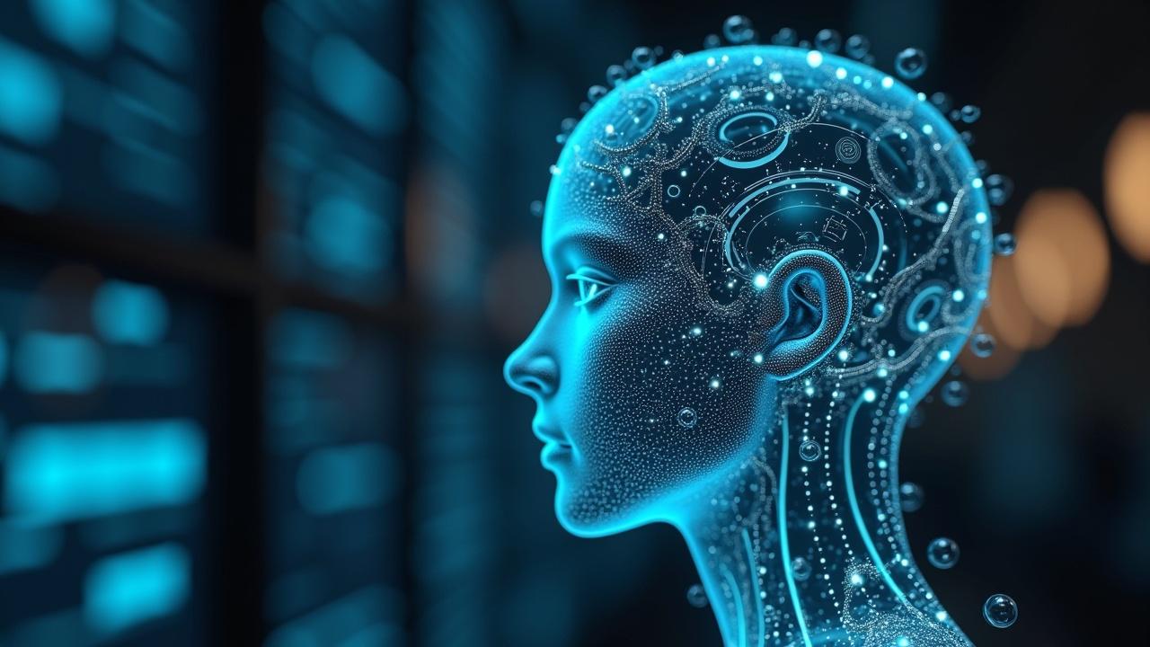 a futuristic digital representation of a human head with glowing circuitry and neon blue elements, symbolizing artificial intelligence and advanced technology