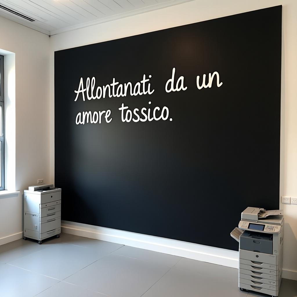 The image features a large black wall prominently displaying the phrase 'Allontanati da un amore tossico.' in elegant white cursive writing. This minimalist room is characterized by its clean lines and simple decor. A copier is positioned to the side, complementing the workspace ambiance. The overall atmosphere is inviting and promotes themes of emotional health. The natural light enhances the simplistic yet profound statement on the wall.