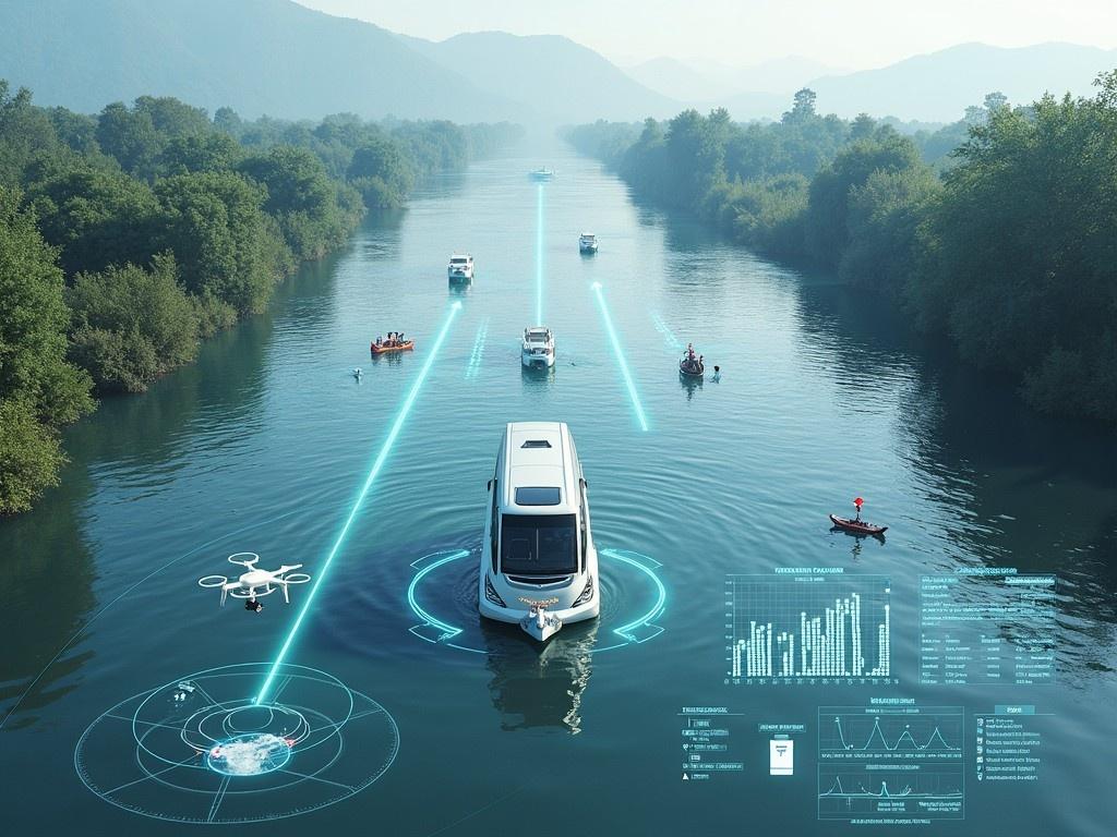 The image depicts an innovative autonomous flood monitoring and response system in action. Various vessels navigate a wide river, including a prominent autonomous boat at its center. Drones and digital interfaces suggest high-tech data analysis for environmental monitoring. The serene landscape is contrasted by the advanced technology, emphasizing the harmony between nature and technology. This visual showcases the future of disaster management and the importance of real-time data in responding to natural events.