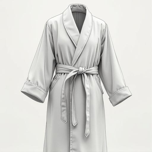 Design of a white artist robe designed as a drawing palette. The robe features a wrap style with a tied belt and flowing sleeves. It emphasizes simplicity and elegance suitable for artistic settings.