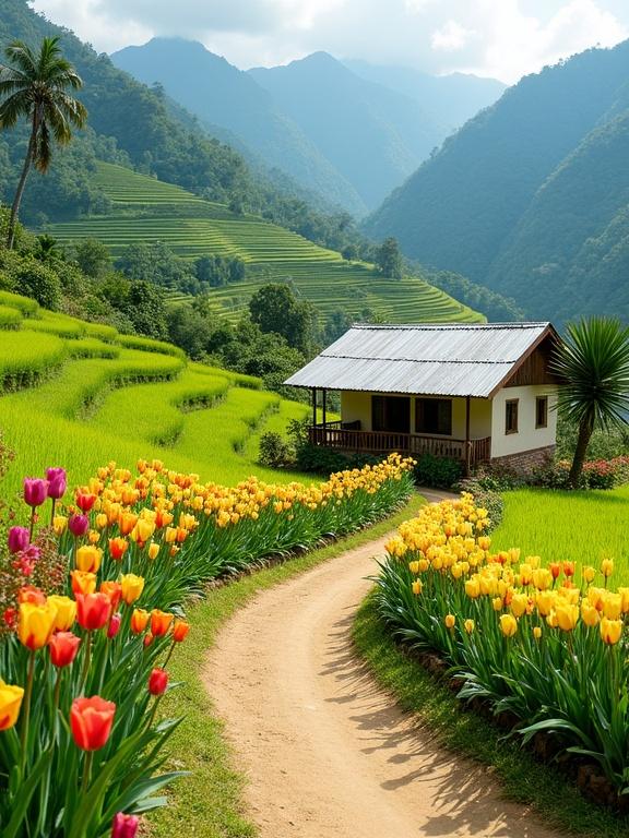 Lush green rural landscape with a winding dirt path. Vibrant flowerbeds on either side of the path. Colorful flowers including yellow, magenta, orange, and red. Modest countryside house with a porch near the path. Terraced hills and steep mountains in the background. Natural daylight creating a peaceful scene.