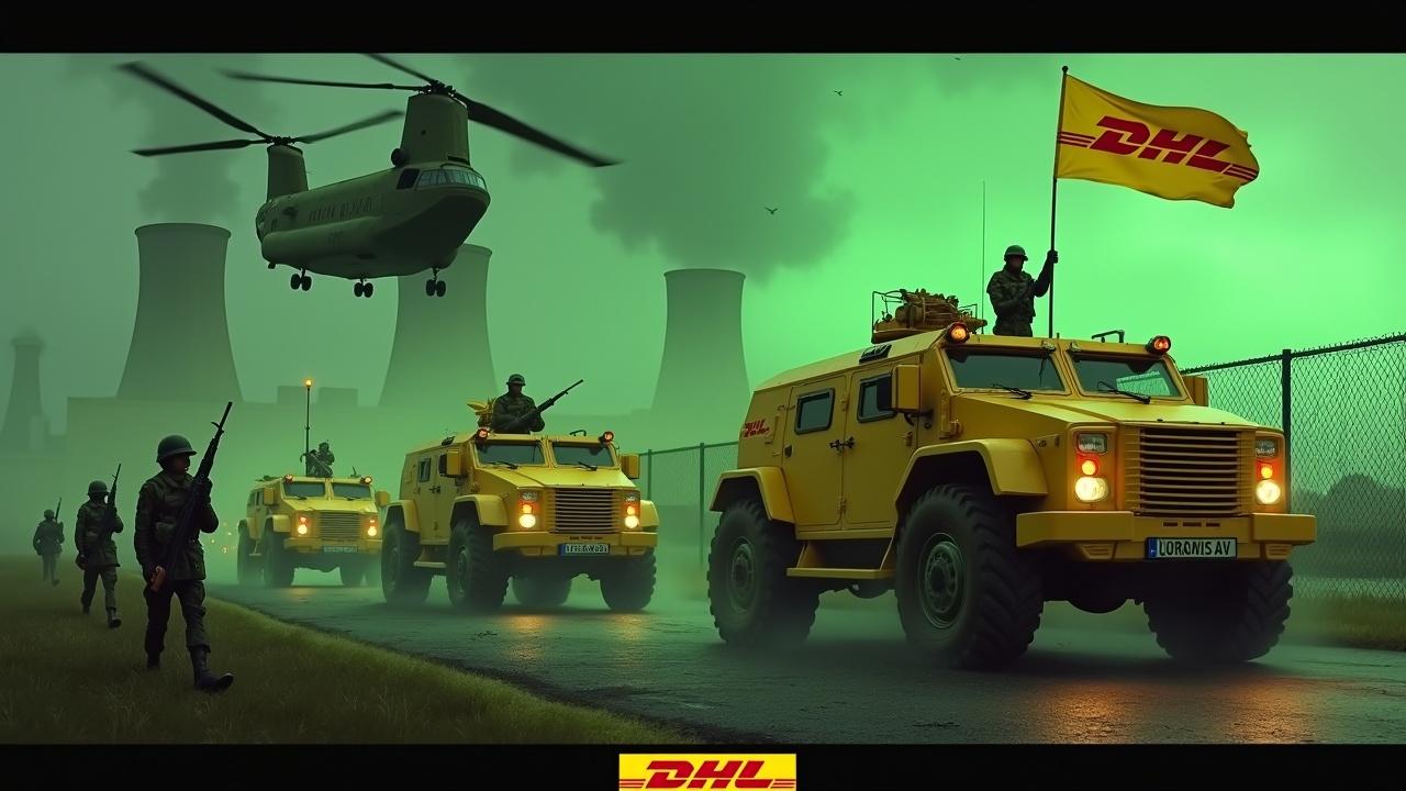 In a dramatic scene, several yellow armored vehicles drive up to a fence. The armored vehicles are painted with the DHL logo. Nearby, several soldiers holding rifles are seen marching together in unison. One soldier stands valiantly holding a flag with the DHL logo. In the background, we can see the smokestacks of a nuclear power plant, glowing green. The sky is illuminated by an evil green glow, and a large Chinook cargo helicopter with the DHL logo flies above, adding to the intensity of the scene. At the bottom, we see the DHL logo, displayed in bold, yellow text.