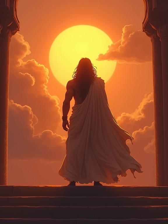 Karna alone at sunset standing on palace steps gazing into the sky torn between pride and sorrow divine armor glows faintly sun behind clouds symbolizes birth epic emotional tone digital painting Indian myth theme intense and dramatic lighting