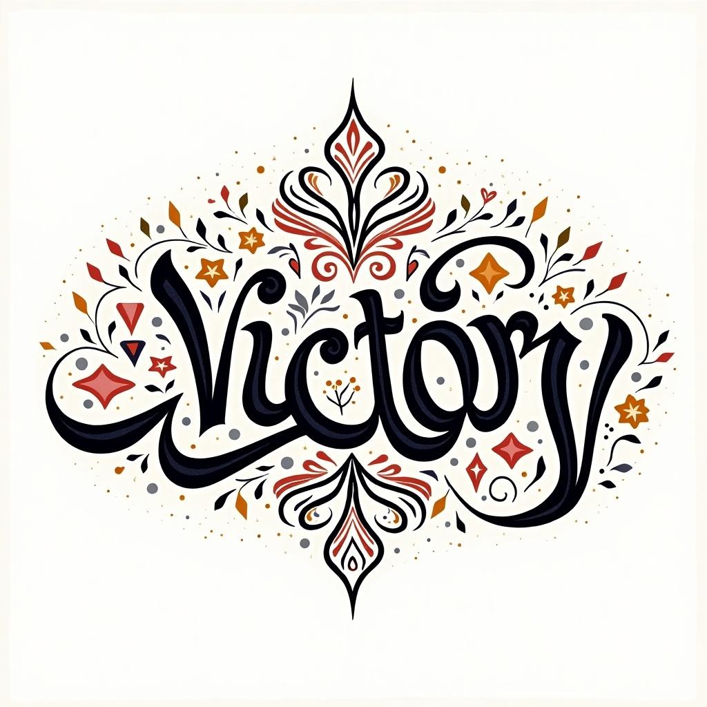 Artistic representation of the word Victory in a decorative style. Vibrant colors decorate the letters. Floral and geometric motifs surround the word. Celebratory and uplifting vibe.