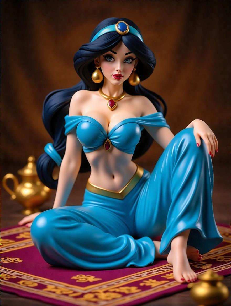 An ultra-detailed resin statue inspired by Princess Jasmine from Aladdin. The sculpture shows a captivating woman with an exaggerated silhouette. She wears a blue ensemble with a sweetheart neckline and flowing shiny pants. The figure is seated on an ornate rug with decorative pillows. Hair is styled in a thick ponytail. One hand on her hip while the other holds a magic lamp. Expression is confident and seductive. The collectible is crafted in glossy resin for realistic texture.