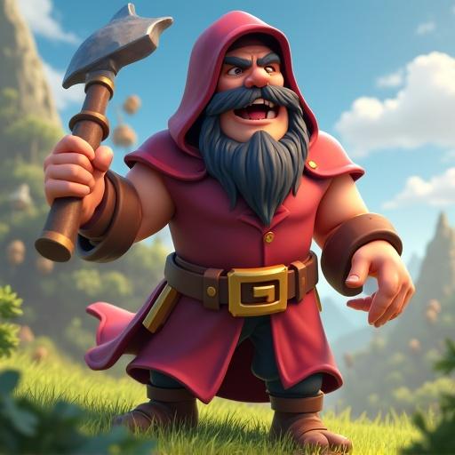 Generate a realistic image of a wizard character from Clash of Clans. The character should have a long beard and wear a hooded robe, holding an axe, set in a fantasy landscape.