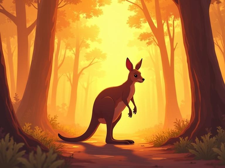 Kangaroo stands in a sunny forest. Unique concept art style with orange and amber colors. Warm light creates a serene atmosphere.