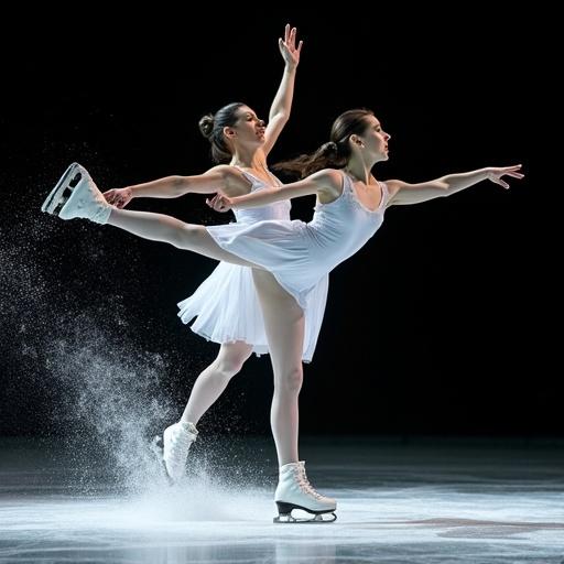 Professional figure skating pair in white costumes performing intricate lift at ice level with dramatic splash of ice particles against a black backdrop with cinematic lighting in dynamic pose captured at high speed.