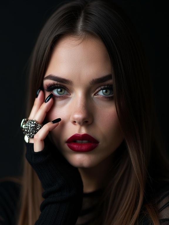 Close-up portrait of a woman with long hair. Dark red lipstick and dramatic eyeliner. Bloodshot eyes staring at the camera. Touching face with hand and adorned rings. Soft, even lighting enhances skin texture. Slightly low camera angle adds intimacy.