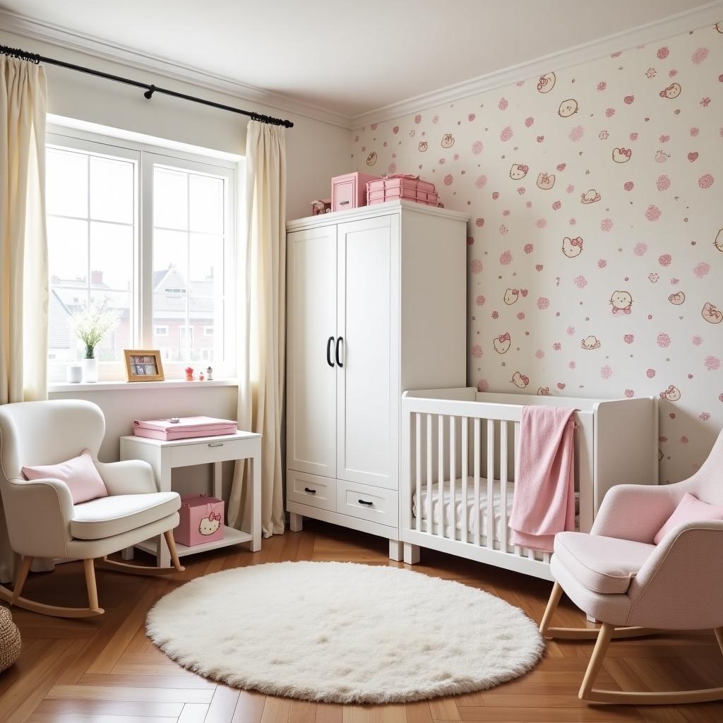 Bright and spacious nursery room for twin baby girls. Features two white cribs, a changing table, a large white wardrobe. Includes a rocking chair, round rug, and Hello Kitty wallpaper. Designed with a warm and welcoming ambiance.