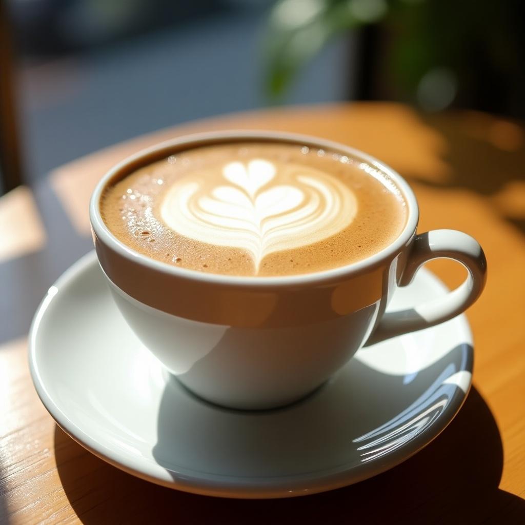 A beautifully presented cup of cappuccino is placed on a wooden table. The cappuccino features intricate latte art shaped like a heart. The cup is white with a smooth finish and is sitting on a corresponding saucer. Soft natural light filters through, highlighting the rich brown tones of the coffee. In the background, there are hints of green from indoor plants, adding a fresh and inviting feel to the scene.