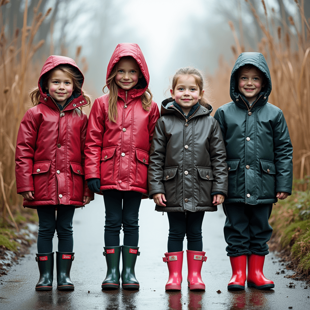 Four children wearing raincoats and boots stand in a line on a wet path.