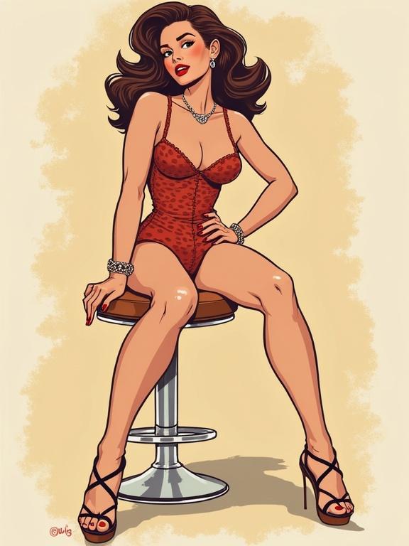 Pin up woman seated on a stool wearing red outfit and high heels. Long brown hair styled. Background in soft beige.