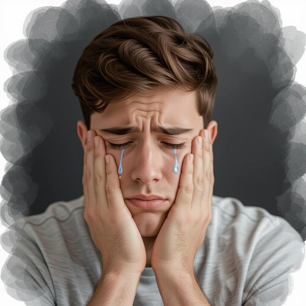 A sad man expresses sorrow with hands on his face. Background is dark with a gloomy atmosphere. Image is in vertical format.