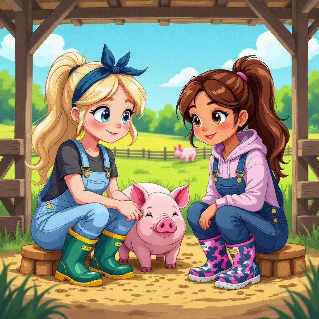 Maria and Brianna are at a farm in the sty feeding pigs. They are wearing muddy boots. Maria has peach skin, light-blue eyes, and blonde hair, dressed in a dark-blue hairband, dark-blue top, light-blue overalls, and dark-blue wellies with yellow soles. Brianna has long dark blonde hair in a ponytail, in a pink tracksuit hoodie and navy-blue overalls with camouflage Hunter wellies.