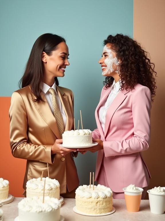 Photo of two women in playful interaction. One woman in gold satin suit holds a cream-covered cake. Other woman is in pink satin suit with cream on face. Event setting with cakes and whipped cream visible. Light blue wall background with orange and beige sections. Well-distributed lighting. Elevated perspective focusing on interaction.