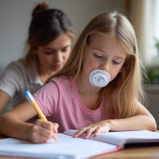 A girl around 10 years old with long hair writes in a notebook at home. She wears a diaper and a pink t-shirt. A large pacifier is in her mouth. Her mother supports her by explaining homework tasks.