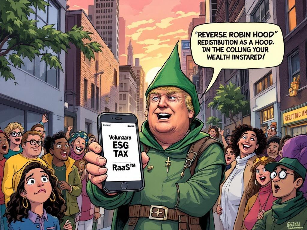 A satirical cartoon depicts Donald Trump as Robin Hood in an urban environment. He holds a smartphone showing a voluntary ESG tax while citizens display mixed emotions. The scene features a comic style highlighting wealth disparity.