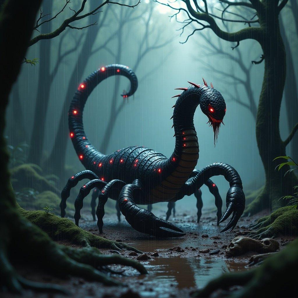 Chilling scene with hybrid creature combining snake and scorpion traits. Dark rainy forest setting. Long sinuous body with black scales and glowing red patterns. Ominous scorpion tail with a dripping stinger. Misty atmosphere with heavy rain. Twisted trees like gnarled fingers. Muddy ground with bones hinting at danger.