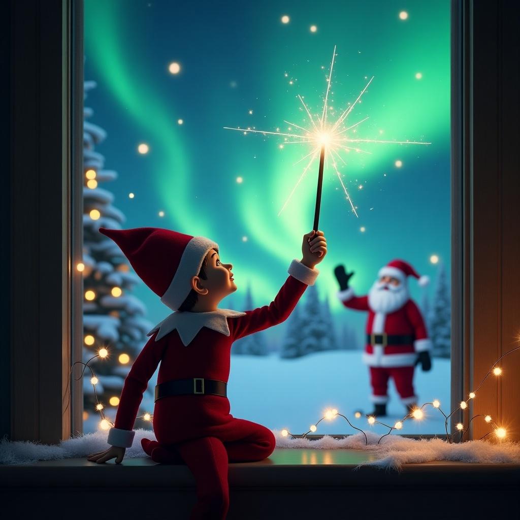 An enchanting Christmas scene featuring an elf on the shelf sitting by a window. The elf is turned away, gazing up with wonder as he uses a magical wand to write 'Thomas' in the sky. Outside, a snowy landscape is illuminated by the vibrant northern lights, which cast colorful reflections. In the distance, Santa Claus can be seen waving joyfully. The window is adorned with twinkling lights, adding to the festive atmosphere. This image captures the essence of holiday magic and the joy of childhood imagination.