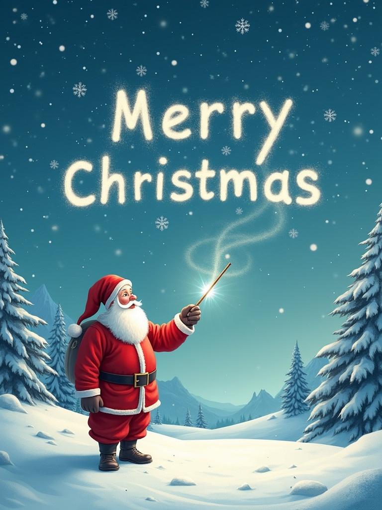 Santa Claus stands in a winter landscape. He is writing a greeting in the sky with a magical wand. The message says Merry Christmas.