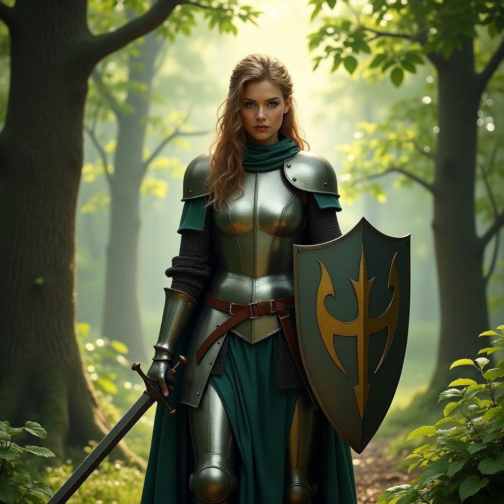 Image of a female knight wearing armor. The knight holds a sword and a shield. The background features a forest with soft lighting.