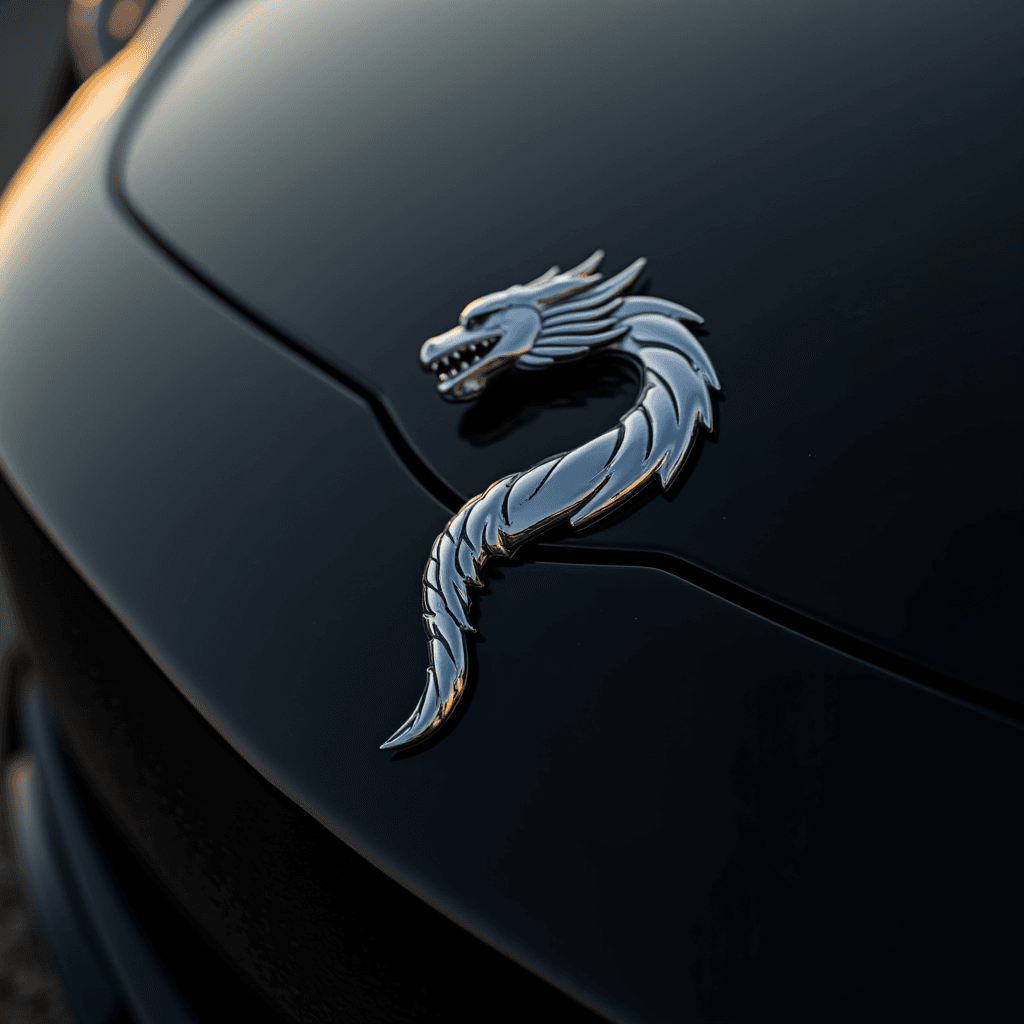 A close-up of a silver dragon emblem on the hood of a black car.