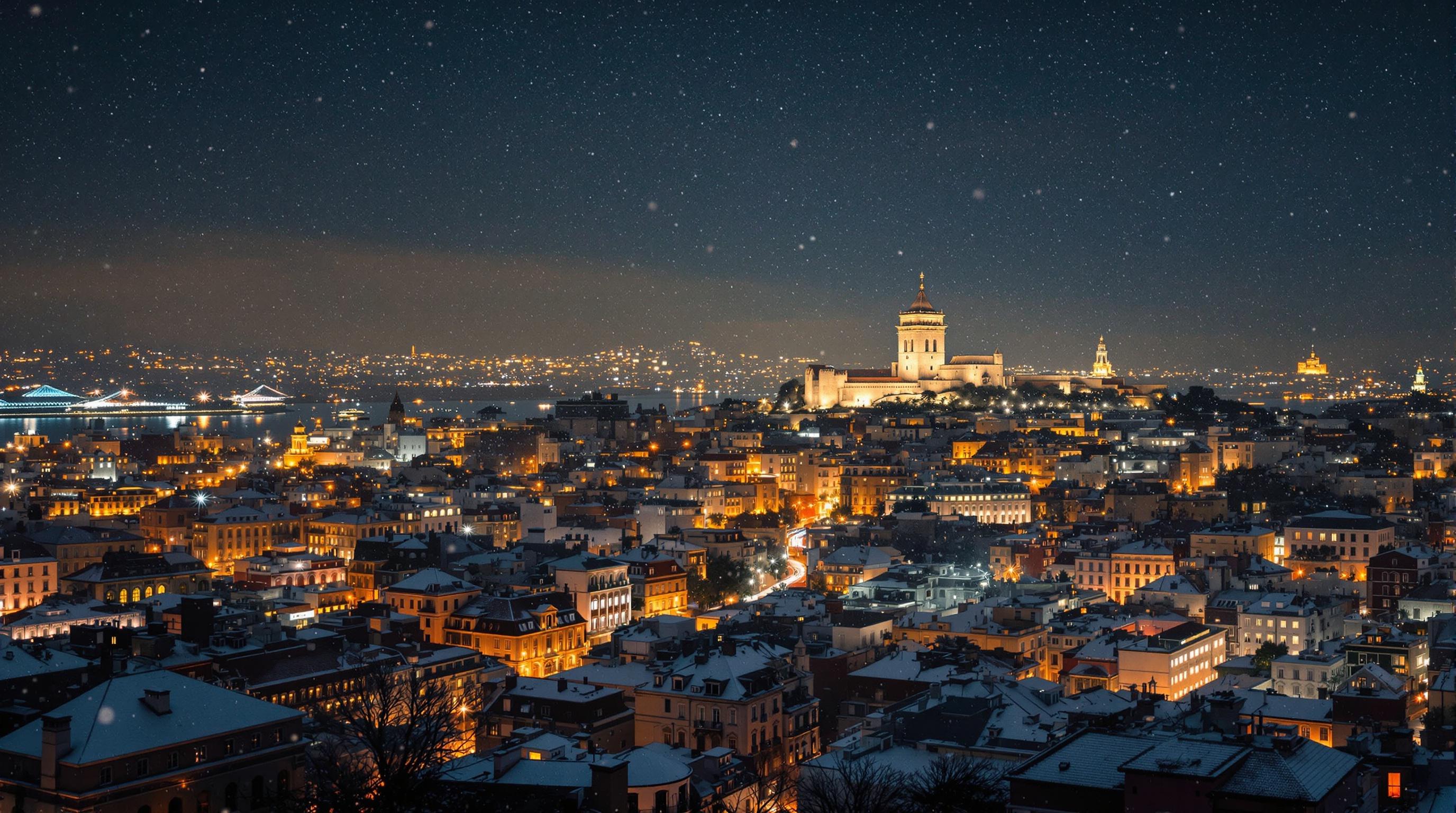 Cinematic aerial view of a snowy cityscape at night featuring Torre de Belém. Snowfall creates a magical atmosphere with twinkling lights. Shot on Arriflex Alexa. Ultrarealistic representation.