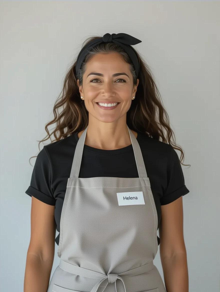 A Brazilian woman stands confidently wearing an apron. Name tag on apron reads Helena. Light-colored wall in the background provides calmness. She dons a black chef's shirt under the apron. Olive skin and long curly hair tied back with a black headband suggest a culinary environment. Focus on realism in natural lighting.
