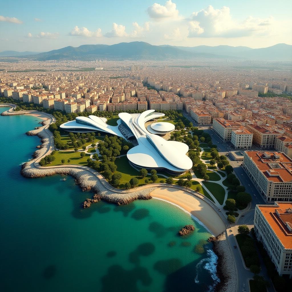 This image depicts a stunning aerial view of Valencia, highlighting its innovative architectural designs along the coast. The futuristic building stands out against the lush greenery and vibrant blue waters, suggesting a harmonious blend of nature and modernity. The surrounding city showcases an organized layout, with a mix of residential and commercial structures. The coastline features gentle waves and sandy beaches, inviting visitors to explore. This captivating scene illustrates Valencia's potential as a vibrant urban destination that emphasizes sustainability and modern living.