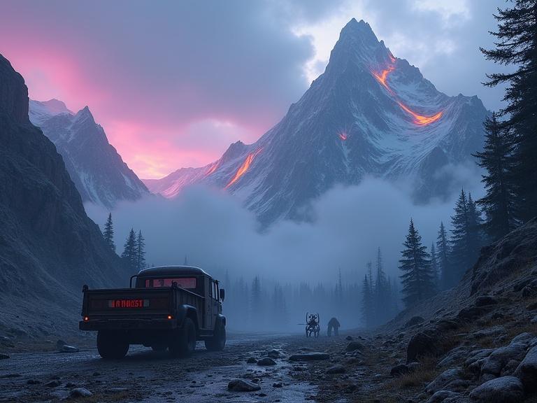 Surreal landscape featuring Ural Mountains with floating jagged peaks illuminated by bioluminescent veins. A valley filled with half-melted trees resembles a maze. Thick fog distorts depth and an eerie violet sky shows unnatural auroras. An abandoned GAZ-66 truck and remnants of Soviet expeditions scattered around. A monolithic structure looms in the distance with indecipherable symbols.