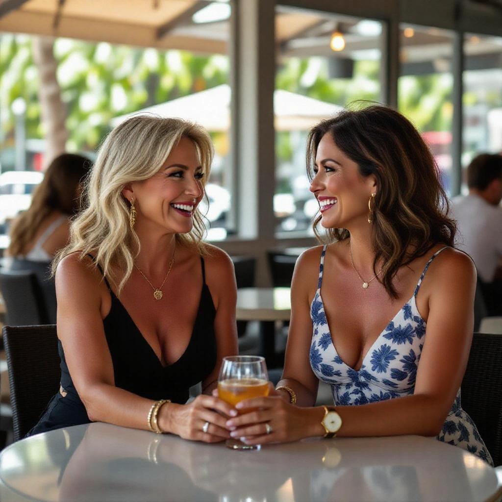 Two mature women talking and laughing at an outdoor cafeteria. They are sitting at a table with drinks. Women are wearing stylish minidresses. Background features a vibrant Miami atmosphere.