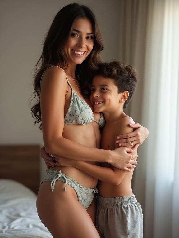 A woman in a bikini and tiny shorts hugs her son in a cozy room. They both are smiling, showcasing a warm moment. The son stands close, hugging her leg while wearing casual clothes. Soft lighting creates a warm atmosphere.