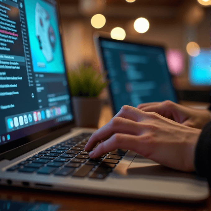 A person is typing on a laptop in a dimly lit room with blurred lights in the background.