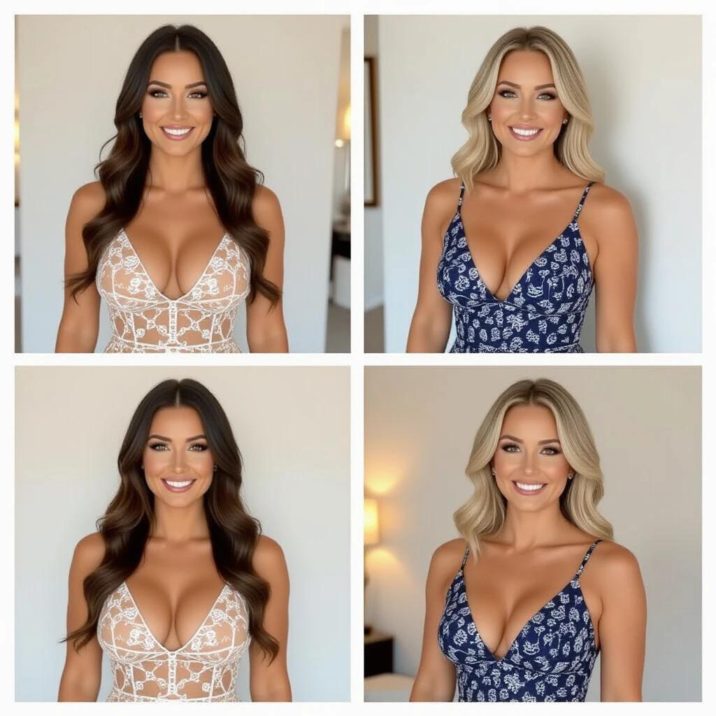 A stylish photo showcasing two women in elegant outfits. The first woman wears a lace design dress while the second wears a patterned dress. The settings are indoor with soft lighting. The focus is on their clothing and style.